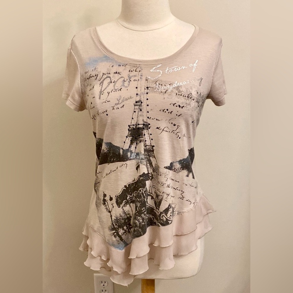 Cato Tan Black Paris Graphic Studded SZ S  Whimsigoth Edgy Boho Chic Chiffon Top